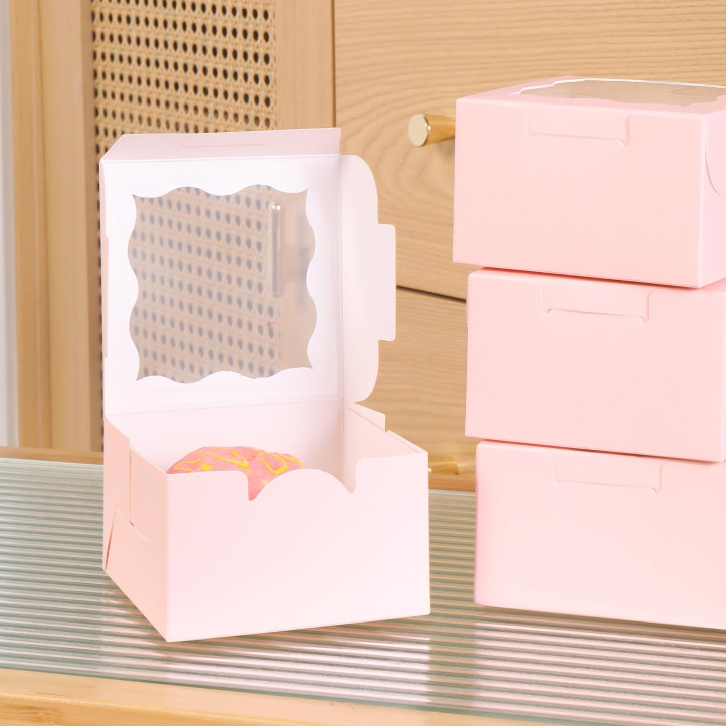 PFAMKEER 25pcs Pink Small Cake Box,4x4x2.5 Inch Bakery Boxes with Window,gift boxes bulk for Mini Cake Pastry Dessert Strawberries Chocolates Cupcakes with Stickers