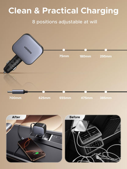 UGREEN 145W Retractable Car Charger, 4-Ports Car Phone Charger Fast Charging with 60W Retractable USB C Cable, Cigarette Lighter Adapter Compatible with iPhone 17 16 15 Pro Max, Galaxy S25 S24 Ultra