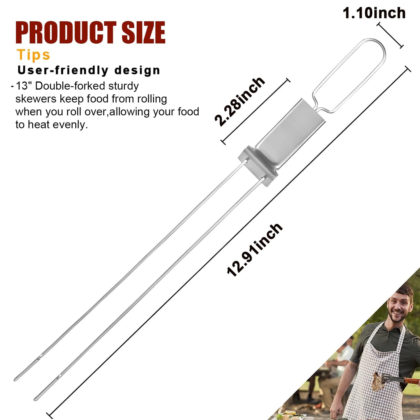 SHIKORI Kabob Skewers,13 inch Metal Skewers for Kabobs with Push Bar Skewers for Grilling Double Fork Anti-Roll Kebab skewers Stainless Steel Flat BBQ Skewers for Meat (12 Pcs)