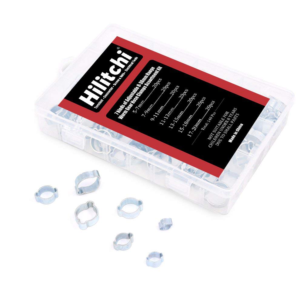 Hilitchi 7 Sizes 140Pcs Zinc Plated Double Ear Hose Clamps O Clips Pipe Hose Tube Fuel Clamps Fasteners Clips Assortment Kit