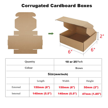 Corrugated Cardboard Shipping Boxes, 150x150x50mm (6"x6"x2") Small Parcel Boxes, Packaging Mailing Boxes for Business, Posting, Small Packet Shipping, Storing or Gift(Pack of 25)