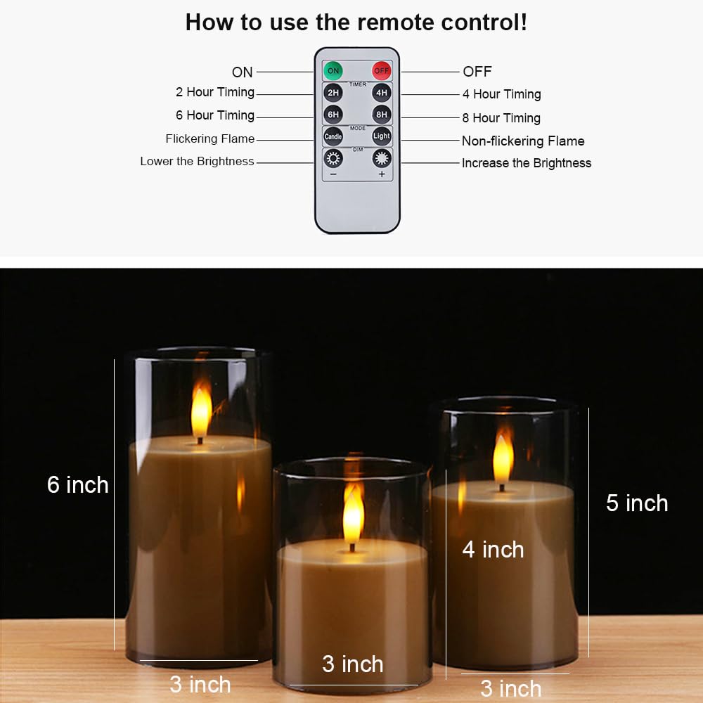 3Pack LED Flameless Flickering Candles with Remote Control and Timer,Battery Operated Electric Candles for Home Party Wedding Birthday Halloween Christmas (Grey)