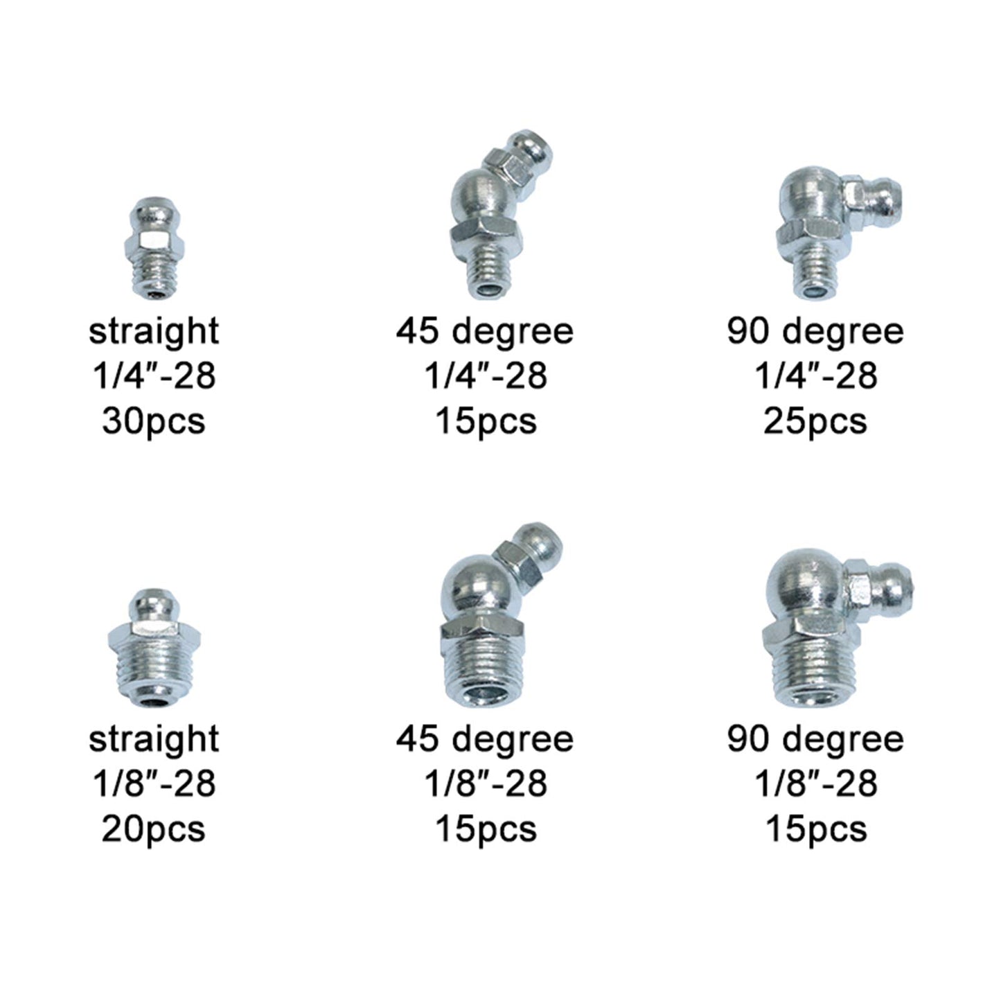 Boeray Hydraulic Grease Fitting SAE Standard 120pcs Assortment Kits - 1/4"-28 1/8"-28 Straight and 90 Degree and 45 Degree Steel Zerk Grease Nipple Fitting
