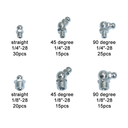 Boeray Hydraulic Grease Fitting SAE Standard 120pcs Assortment Kits - 1/4"-28 1/8"-28 Straight and 90 Degree and 45 Degree Steel Zerk Grease Nipple Fitting