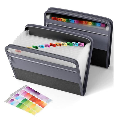 2 Pack A4 Letter Size Accordion File Organizer, 13 Pocket Expanding File Folder with Zipper Closure, Accordion File Folder Document Organizer Expanding Zip File Folder with Sticky Labels, Black