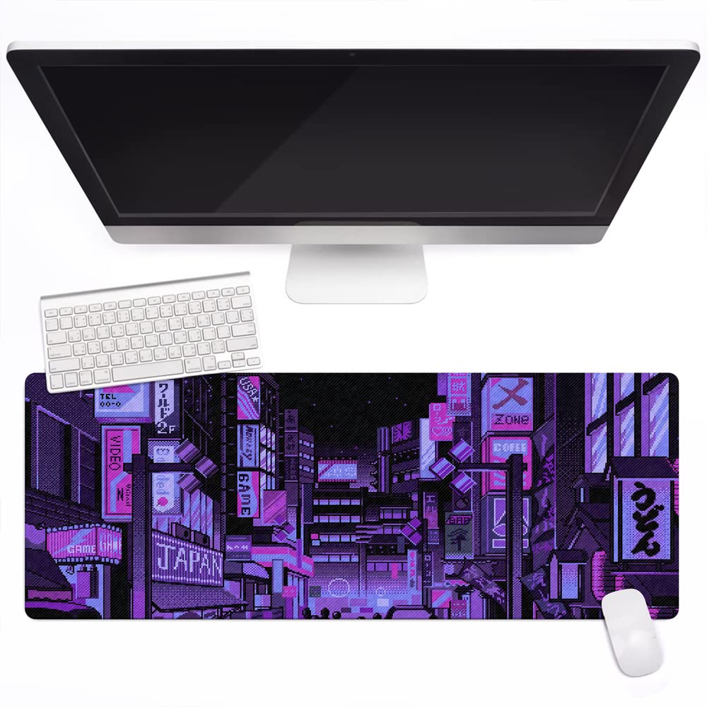 DESIGNFULLPRINT Dark Purple Japanese Anime Retro Vaporwave Mouse Mat Computer Pad for Lap Desk Mat Anime Mouse Pad Kawaii Large Gaming Pad for Mouse and Keyboard QDH