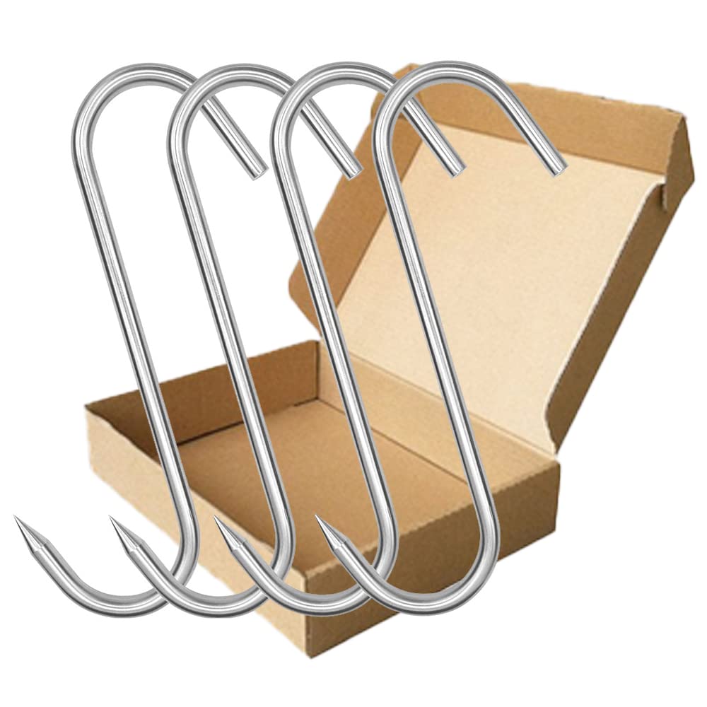 (4Pack) 8 Inch S-Hook Meat Hooks Heavy Duty Stainless Steel Meat Processing Butcher Hook Hanging Drying BBQ Grill Cooking Metal Meat Hooks for Butcher, Farmer, Hunter（10mm-8inch）
