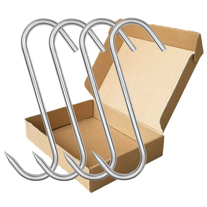 (4Pack) 8 Inch S-Hook Meat Hooks Heavy Duty Stainless Steel Meat Processing Butcher Hook Hanging Drying BBQ Grill Cooking Metal Meat Hooks for Butcher, Farmer, Hunter（10mm-8inch）