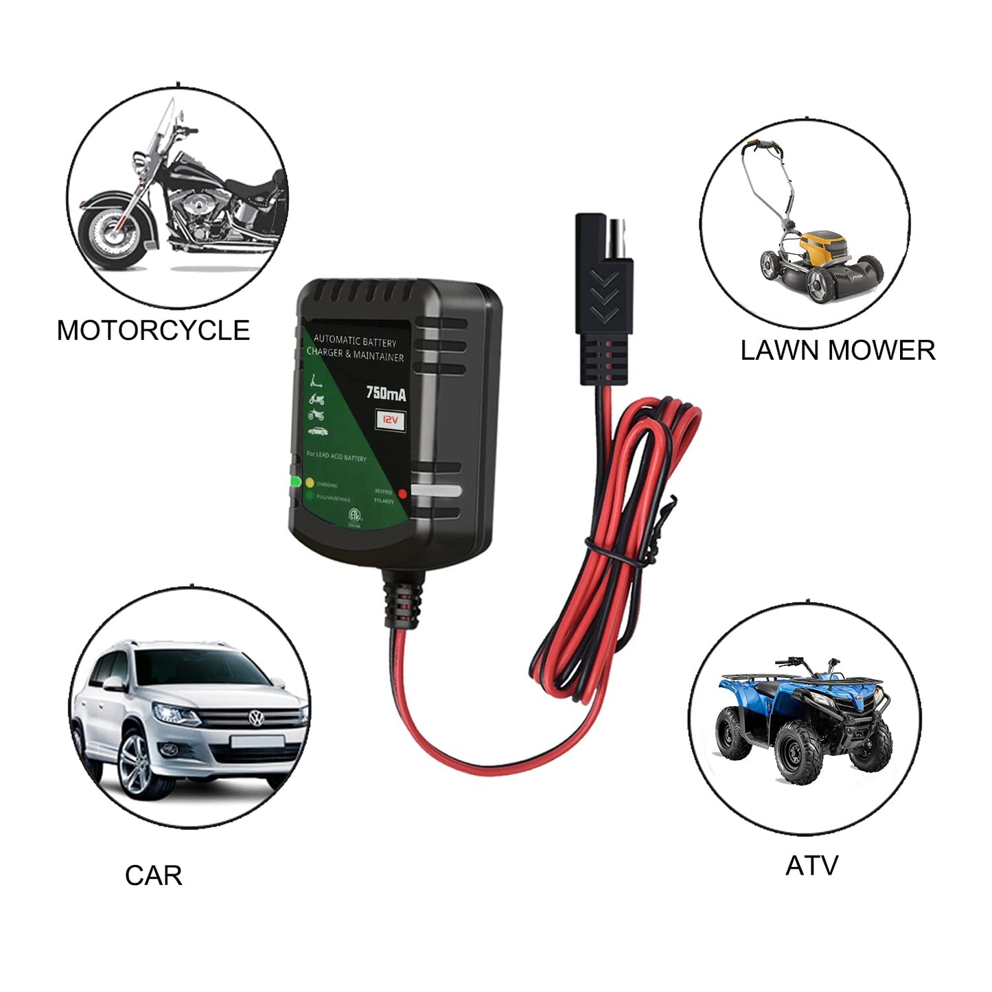 12 Volt Battery Charger 750mA Automatic Battery maintainer trickle Battery Charger for Automotive car Motorcycle Lawn Mower Boat ATV Sealed Lead Acid Batteries