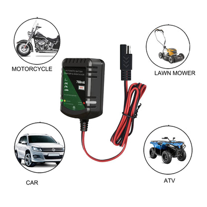 12 Volt Battery Charger 750mA Automatic Battery maintainer trickle Battery Charger for Automotive car Motorcycle Lawn Mower Boat ATV Sealed Lead Acid Batteries