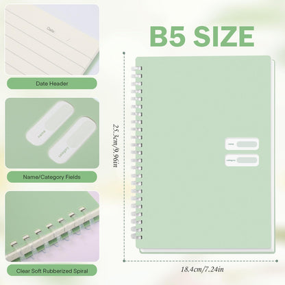 Colacoo 4 Pack B5 Spiral Notebook - PP Hardcover Spiral Bound Notebook with Soft Coil, 7 x 10" Coil Notebook College Ruled Lined Journal Notebook, 70 Sheets/140 Lined Pages, Assorted Green