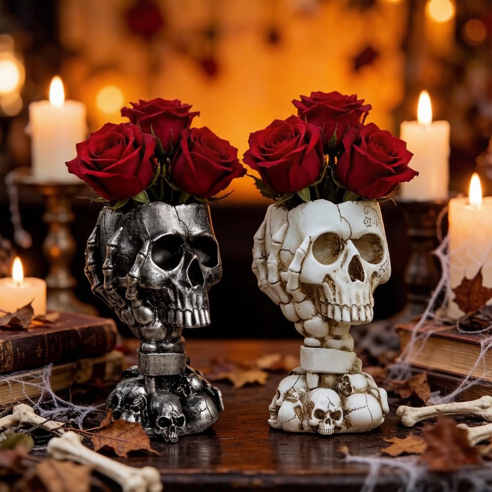 Skull Planter Gothic Home Decor, Cool Planters for Halloween Decorations Indoor/Outdoor Plants, Flower Pots, Plant Pots, Flower Pot, Plant Pot, Unique Statue Vase with Drainage(Tall Black Vases)