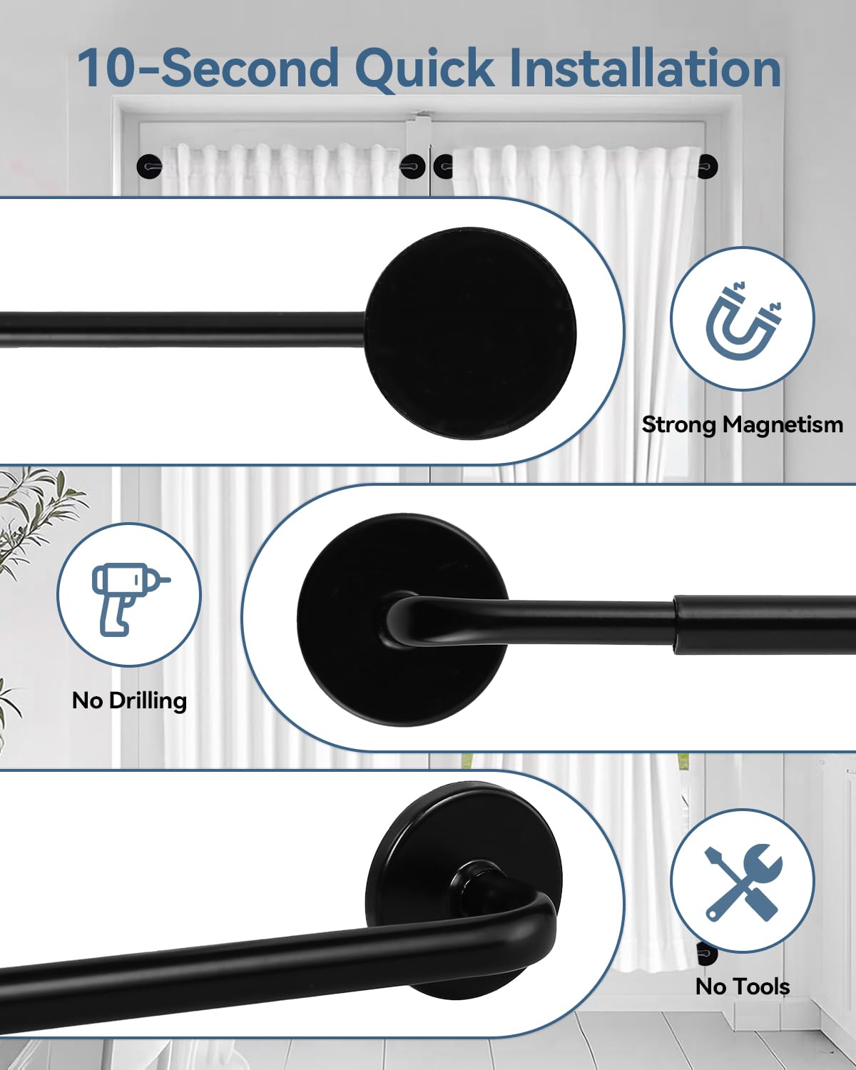 Ruiony Magnetic Curtain Rod for Metal Doors, French Door Curtain Rods Adjustable from 17 to 30 Inch, 3/8 Inch Diameter, Magnet Cafe Rod for Any Metel Surface, No Tool and Easy Install, Black, 2 Pack