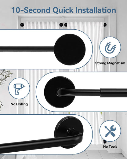 Ruiony Magnetic Curtain Rod for Metal Doors, French Door Curtain Rods Adjustable from 17 to 30 Inch, 3/8 Inch Diameter, Magnet Cafe Rod for Any Metel Surface, No Tool and Easy Install, Black, 2 Pack
