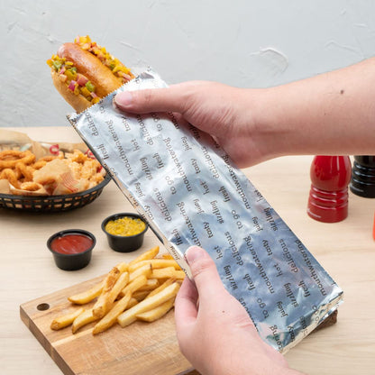 Restaurantware-Bag Tek 3.7 x 1.2 x 12 Inch Hot Dog Bags, 100 Large Hot Dog Wrappers - Greaseproof, Freezer-Safe, Printed Foil Accessories, Heat-Resistant, Non-Vented