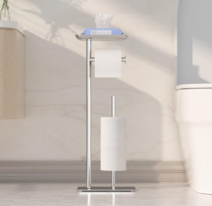 Toilet Paper Holder Stand with Top Storage Shelf, Silver Toilet Paper Roll Holder Free Standing, Floor Standing Toilet Roll Dispenser Storages 4 Reserve Rolls, CAA75CH046