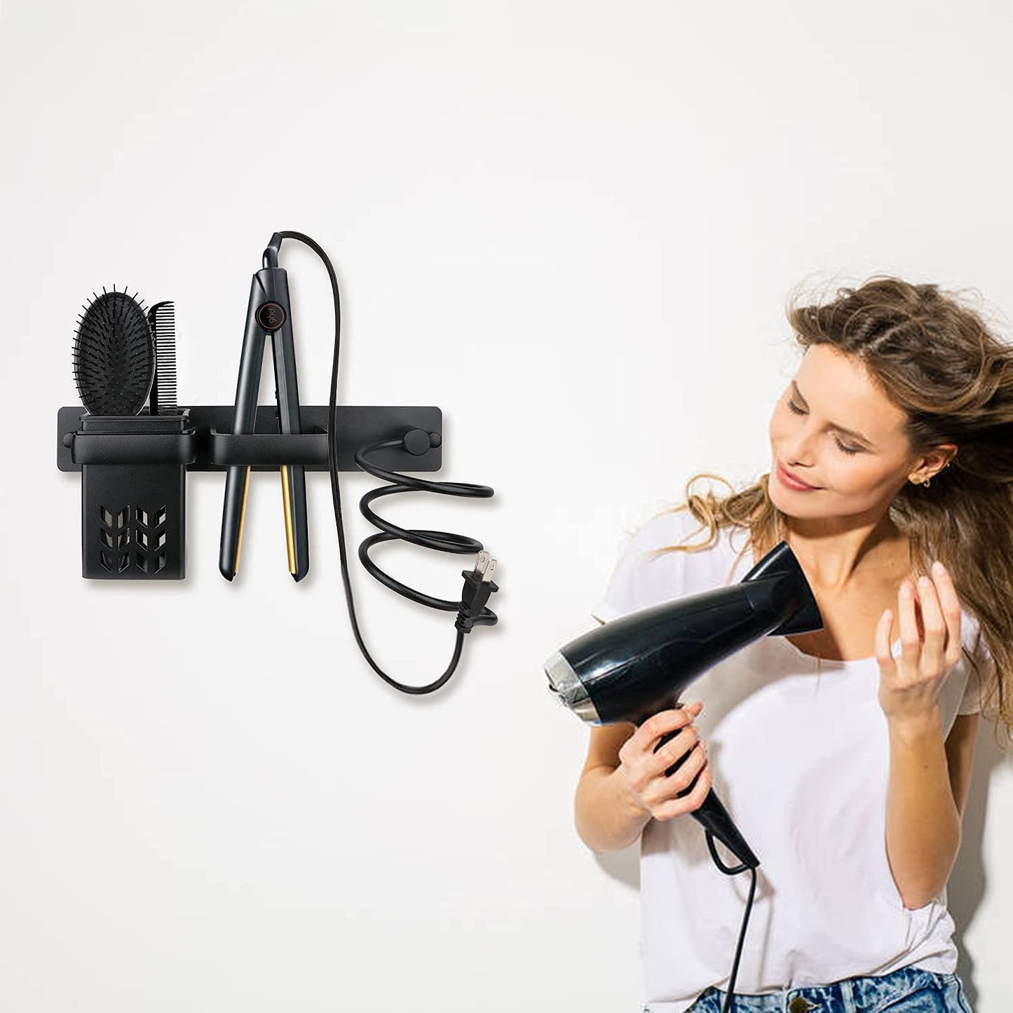 YUET Hair Dryer Holder,Hairdryer Station Accessories Organiser Wall Mounted Shelf Bracket Stand Hanger Straightener Blow Storage with Holes Rack Plug Hook For Bathroom Aluminum Black