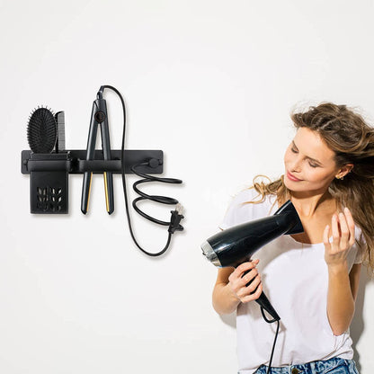 YUET Hair Dryer Holder,Hairdryer Station Accessories Organiser Wall Mounted Shelf Bracket Stand Hanger Straightener Blow Storage with Holes Rack Plug Hook For Bathroom Aluminum Black