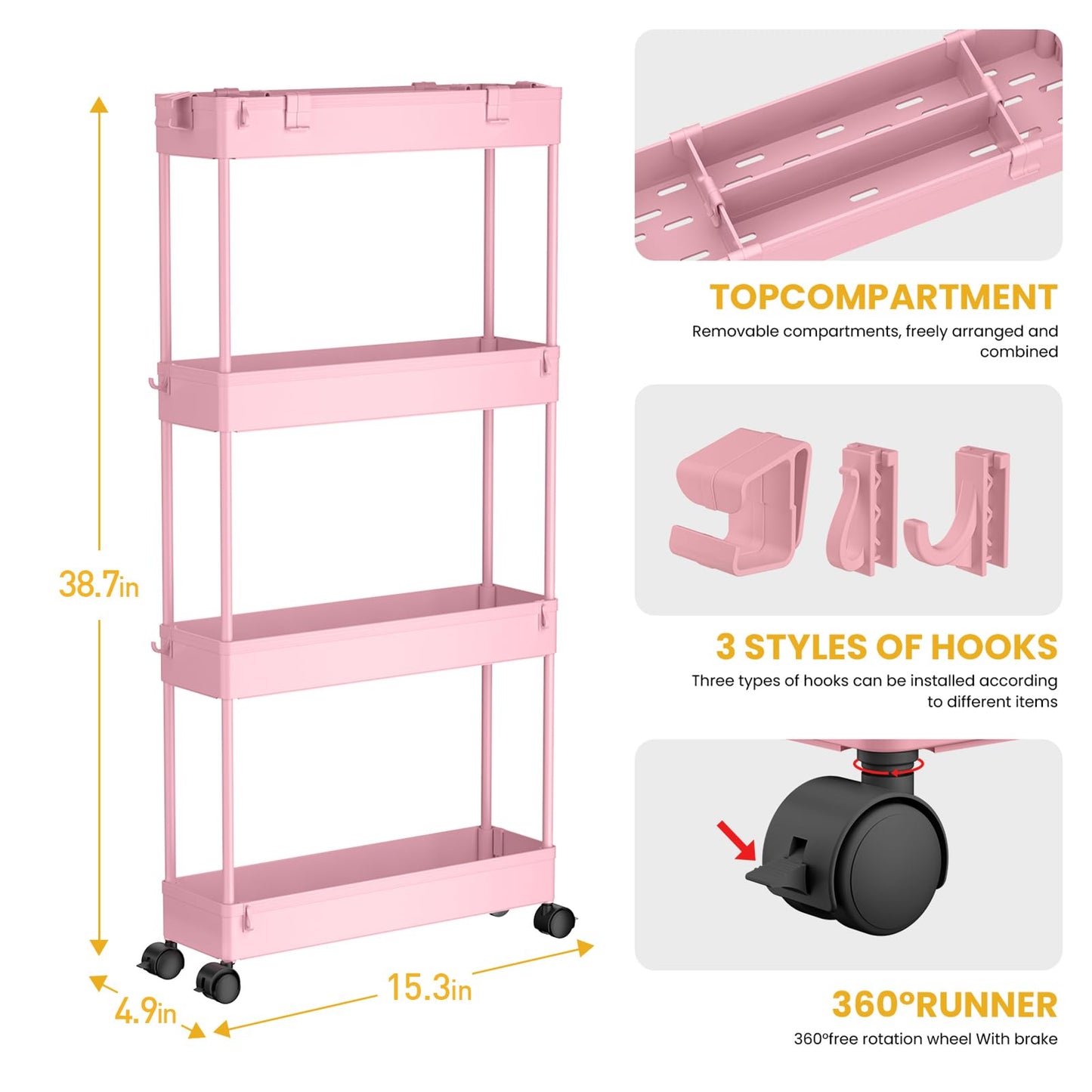 SPACELEAD Slim Storage Cart 4 Tier,Bathroom Storage Organizer Rolling Utility Cart, Mobile Shelving Unit Slide Out Storage Cart for Office, Bathroom, Kitchen, Laundry Room & Narrow Places， Pink