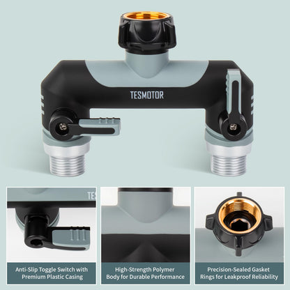 Tesmotor 2-Way Tap Splitter, 3/4 Inch 2 Way Hose Tap Splitter with 2 Individual Valves for Garden Kitchen Faucet