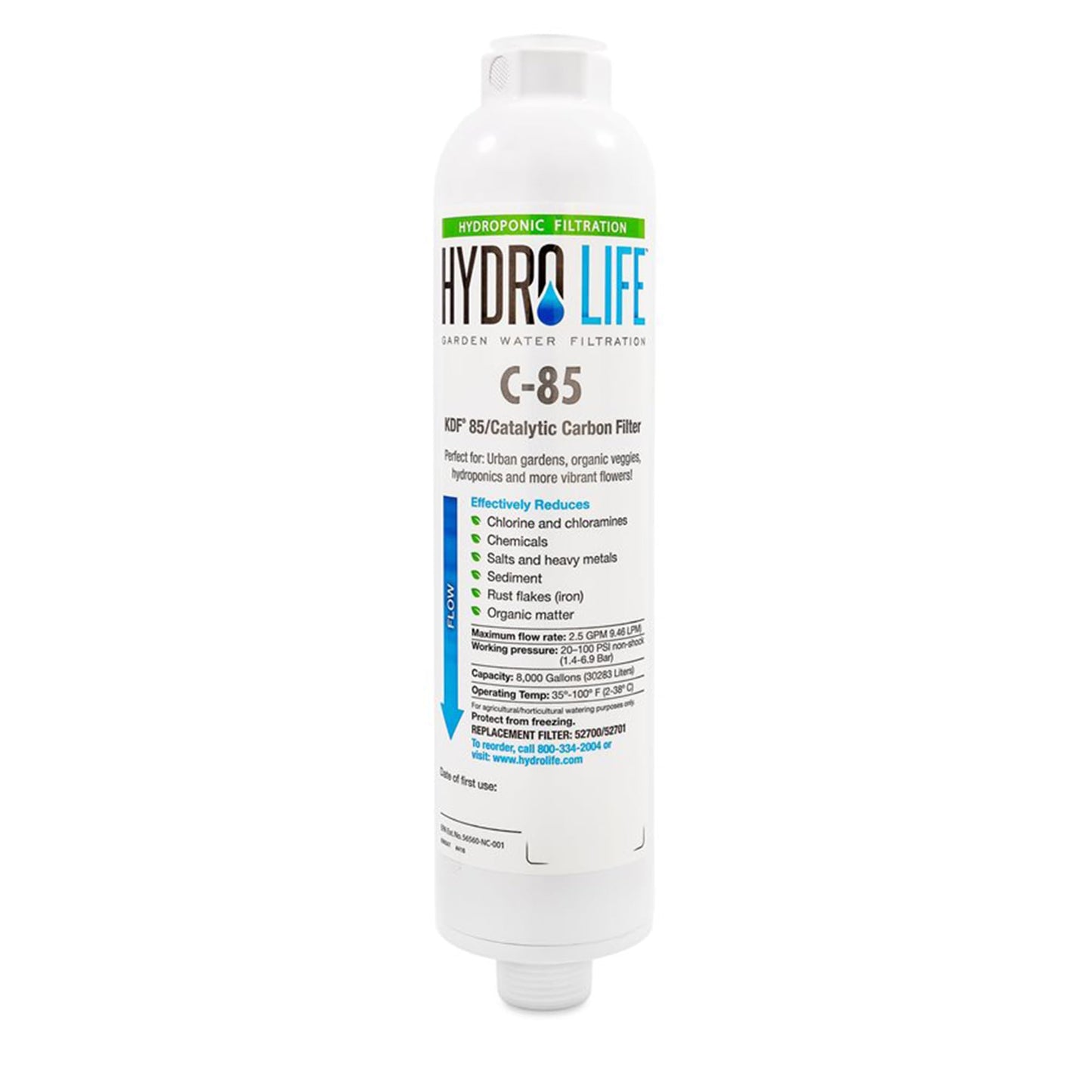 Camco Mfg Hydro Life 52700 Inline Water Filter (with Flexible Hose Protector, Hydroponics C-85), White