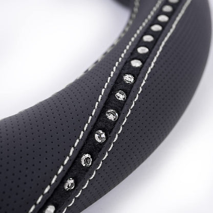 CAR PASS Bling Diamond Leather Steering Wheel Cover, Studded Crystal Rhinestones Universal Fit 14" 1/2-15" Crystal Glitter for Women Sparkle Girl Fit Suvs,Vans,Sedans,Cars,Trucks, Silver Diamond