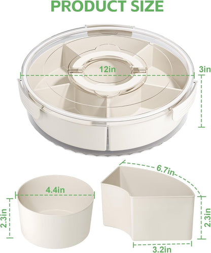 POLCANUR Divided Rotating Snack Storage Box with Lid and Handle, 360° Portable Clear Spinner Serving Tray for Fruits Veggie Charcuterie, Relish Tray, 6 Compartments