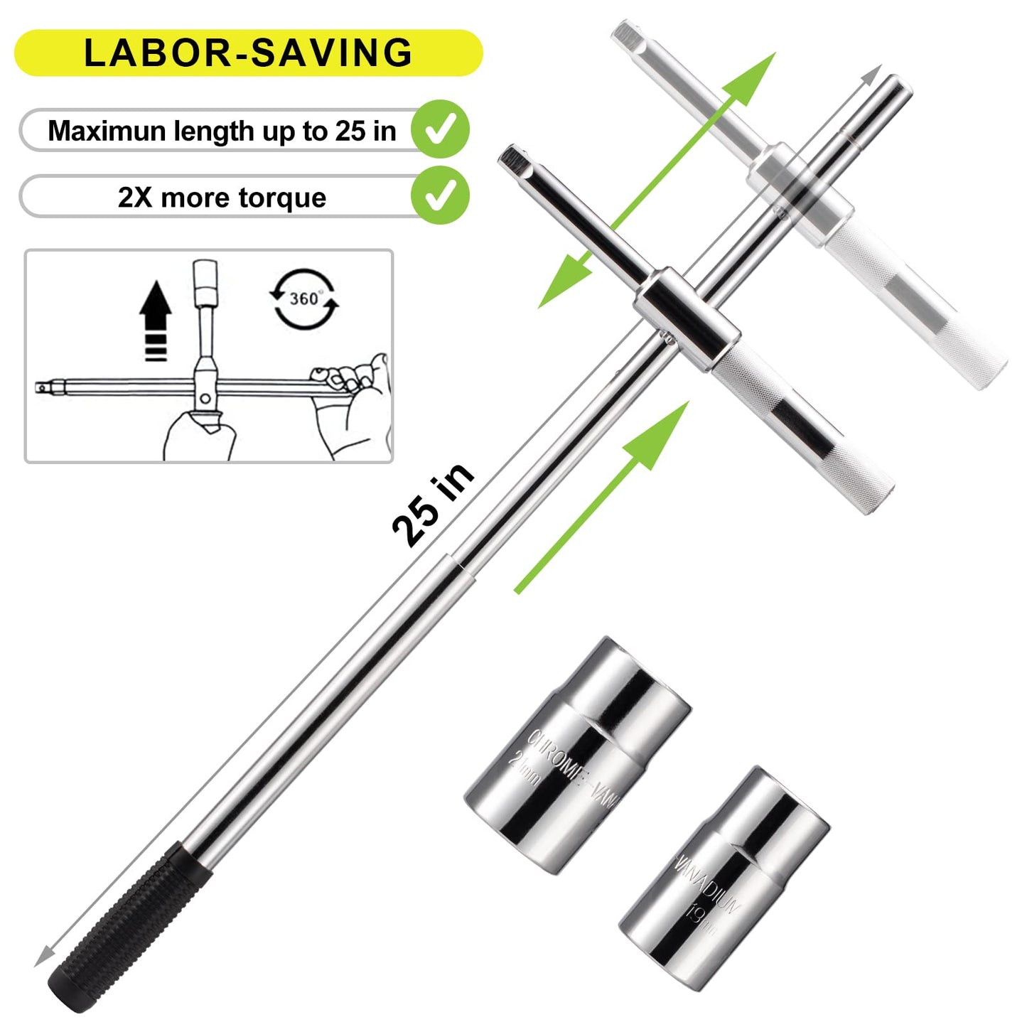 Spurtar 25" Extended Lug Wrench, Heavy Duty Lug Nut Remover Tool, Universal 4 Way Tire Iron Wrench with Standard Sockets (17/19, 21/23mm) and Oxford Storage Bag