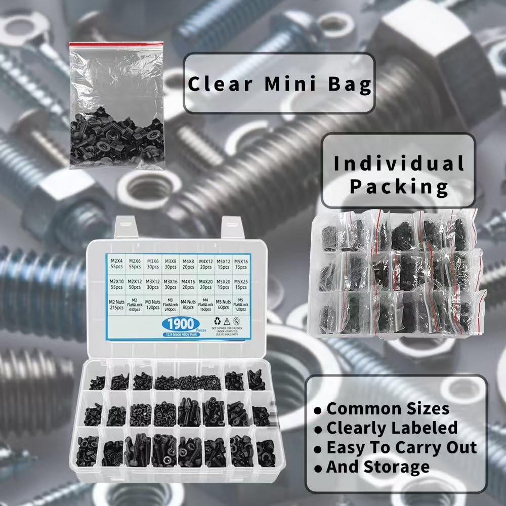 WiliThghe 1900PCS M2 M3 M4 M5 Metric Screw Combination, Hex Nut Metric Bolt and Nut Combination Kit, Metric Nut and Bolt Flat Washer and Lock Washer Kit, with 4 Hex Wrenches, Grade 12.9 Alloy Steel