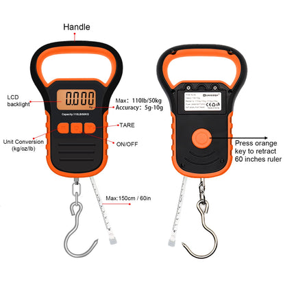 UNIWEIGH Digital Fish Scale Luggage Scale with Fish Lip Gripper, Backlight LCD Display 110lb/50kg Electronic Balance Digital Fishing Postal Hanging Hook Luggage Scale 2 AAA Batteries Included