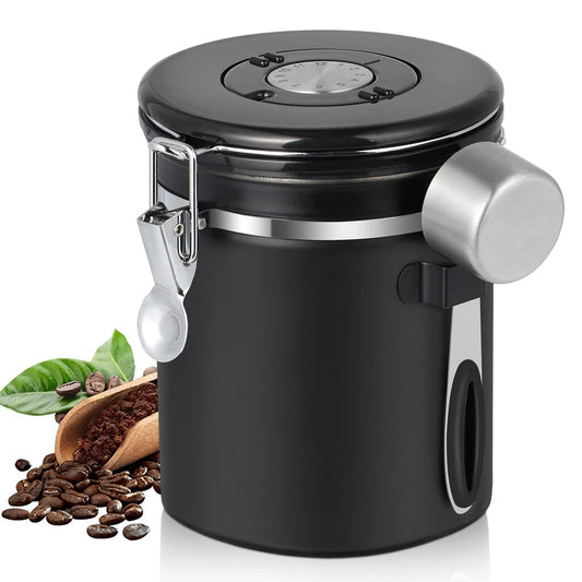 Pitmoly Airtight Coffee Canister with CO2 Valve,16OZ Food Storage Container, 1.5L Stainless Steel Coffee Storage Jar with Date Tracker and Measuring Scoop for Coffee Beans, Grounds, Sugar and Flour