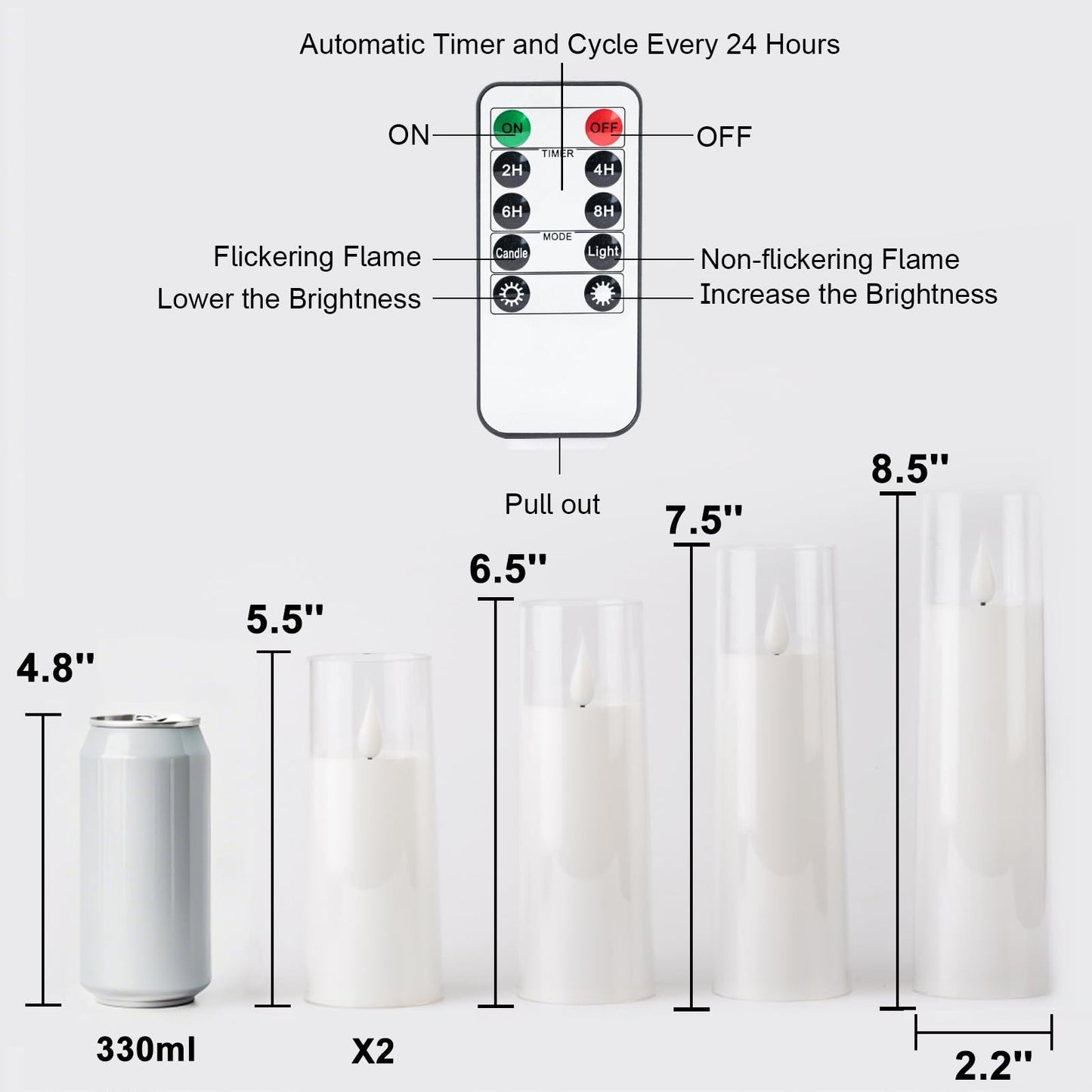 AMAGIC Acrylic Flameless Candles Flickering, LED Battery Operated Candles with Remote Control Timer, Fake Pillar Candle for Valentine's Day, Wedding Decor, White Set of 5