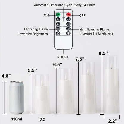 AMAGIC Acrylic Flameless Candles Flickering, LED Battery Operated Candles with Remote Control Timer, Fake Pillar Candle for Valentine's Day, Wedding Decor, White Set of 5