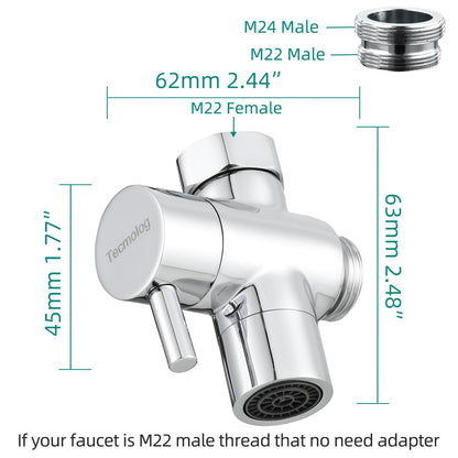 Tecmolog Brass Sink Valve Diverter Faucet Splitter for Kitchen or Bathroom, Faucet Adapter 3 Way Faucet Diverter Valve, Sink Faucet Replacement Part M22 X M24, Chrome, SBA021C