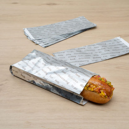 Restaurantware-Bag Tek 3.7 x 1.2 x 9.2 Inch Hot Dog Bags, 100 Small Hot Dog Wrappers - Greaseproof, Freezer-Safe, Printed Foil Accessories, Heat-Resistant, Non-Vented
