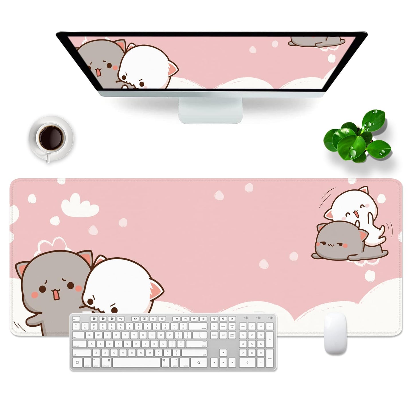 Pink Mouse Pad Cute Cat Large Gaming Mouse Pad Kawaii Keyboard Pad XL Desk Mat 31.5x11.8 inch Large Desk Pad Mouse Mat Pink Office Desk Accessories (Pink Cat -2)