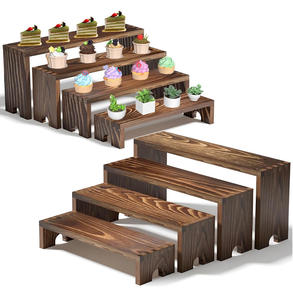 8 Piece Large Wooden Tiered Riser Display Stands, Stackable Wooden Cupcake Stands, 4 Tier Racks Decorative Rectangular, Dessert Table Display Set ,Food Display Risers for Party