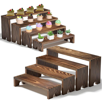 8 Piece Large Wooden Tiered Riser Display Stands, Stackable Wooden Cupcake Stands, 4 Tier Racks Decorative Rectangular, Dessert Table Display Set ,Food Display Risers for Party