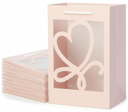 VAGREEZ Gift Bags with Window and Handles 15 Pack | Reusable, Transparent Heart Cutout Design, Medium Size, Bulk, Elegant Paper Gift Bags | Ideal for Party Favors, Wedding, Bridal Shower, Valentine’s Day, Mother's Day, Birthday And Special Occasions | Pin