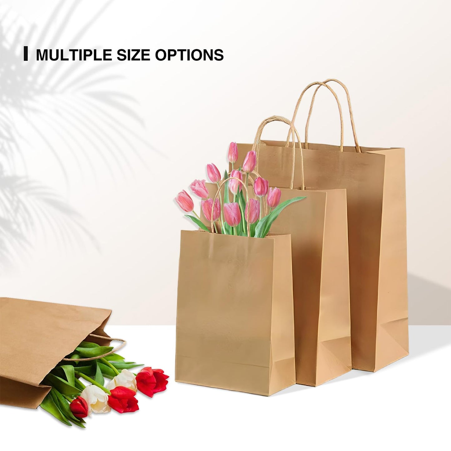 JEMLYD 50pcs Kraft Paper Gift Bags With Handles (8.5"x4.3"x10.5") – Multiuse Shopping & Retail Sacks for Party, Birthday & Business Favors, Recycled Craft Merchandise Bags (Brown, M)