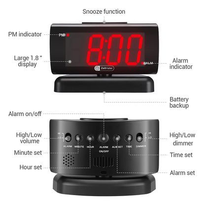ZOOS Alarm Clock for Bedroom, Large LED Digital Clock for Seniors, Dimmable Simple Alarm Clocks for Bedrooms, Volume Adjustable/Snooze/Battery Backup/Swivel Base Gift for Men Women Elderly Home Office