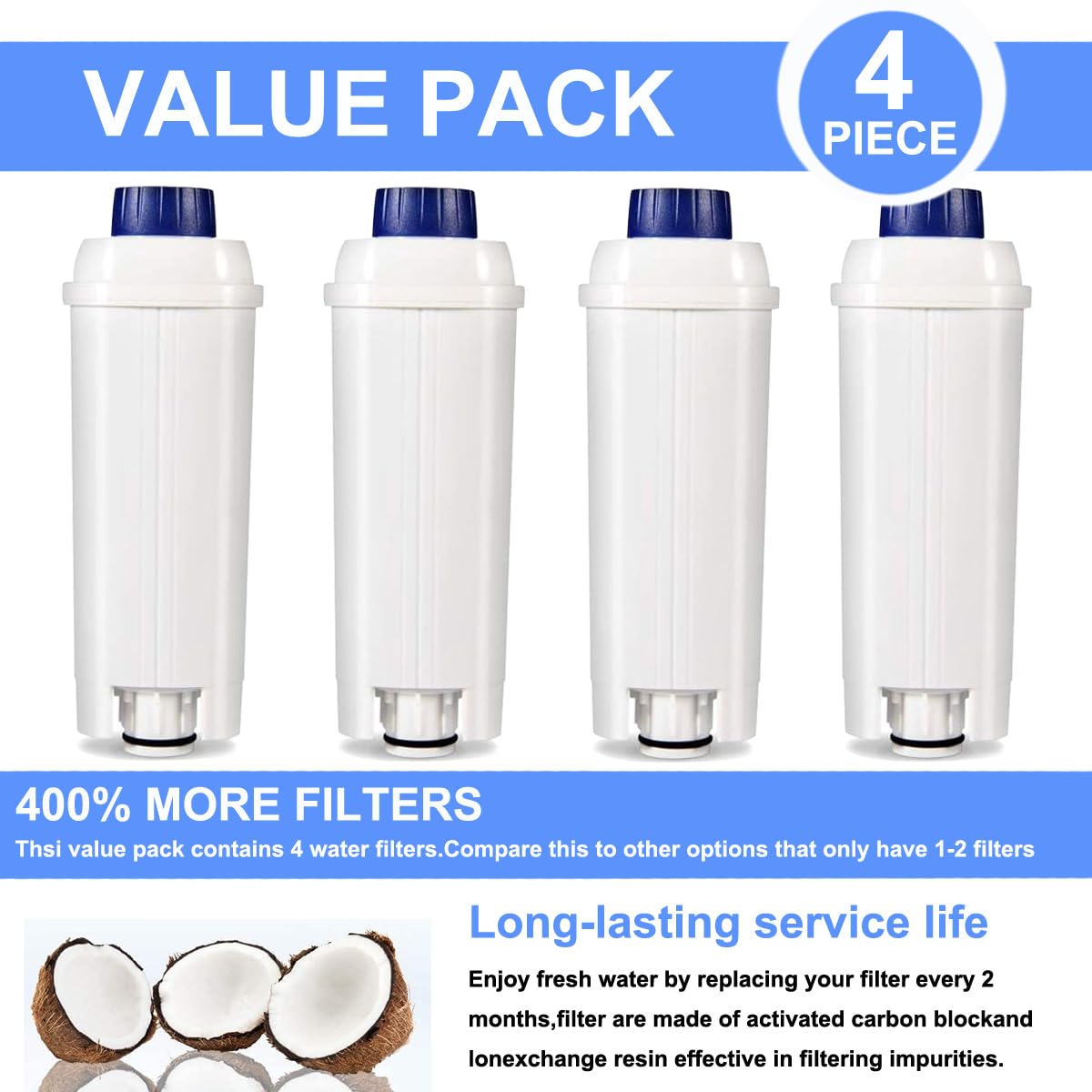 4 Pack DLSC002 Replacement Water Filter Compatible with Delonghi ECAM, Esam, ETAM, BCO, EC Automatic Espresso Coffee Maker Bean to Cup Filtre à eau