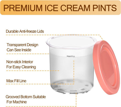 4 Pack Ice Cream Containers Compatible with Ninja Creami NC299AMZ NC300 & NC301 Series Ice Cream Maker, Replacement Pints Containers and Lids, BPA-Free & Dishwasher Safe, Grey/Blue/Pink/Yellow