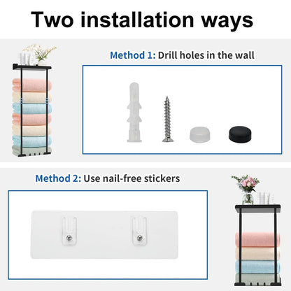 Towel Racks for Bathroom, No Drilling Towel Holder Towel Rack, Towel Storage Wall Mounted, Adjustable Towel Rack Bathroom Storage, Bathroom Towel Shelf for Rolled or Folded Towels, Black