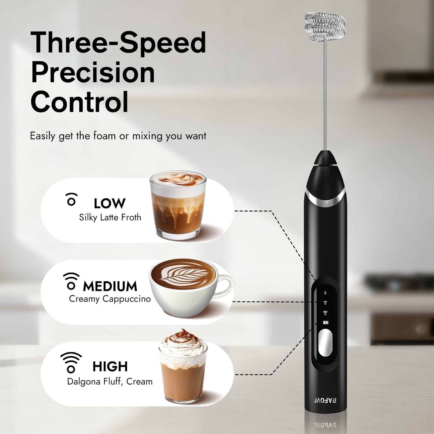 RAFOW Handheld Electric Milk Frother: 3 Speeds & Detachable Double Whisk Drink Mixer, Rechargeable Frother Wand with Stand, Coffee Froth Stirrer for Latte, Cappuccino, Cream, Matcha, Dalgona