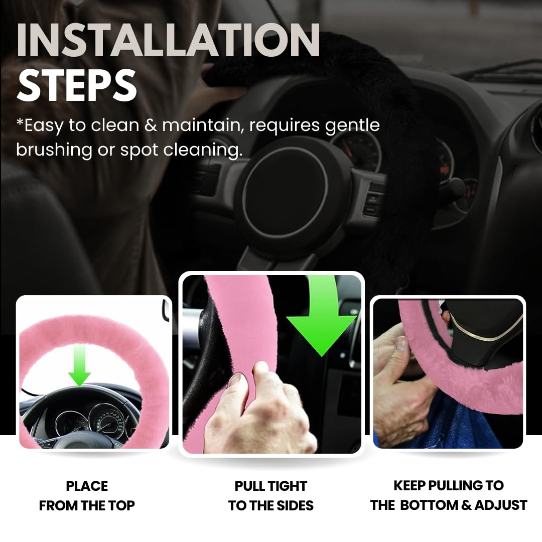 Andalus Brands Fluffy Wool Sheepskin Steering Wheel Cover, Soft & Fuzzy Plush, Universal Fit 14 1/2-15 1/2 Inch, Anti-Slip, Comfortable & Luxurious (Pink)