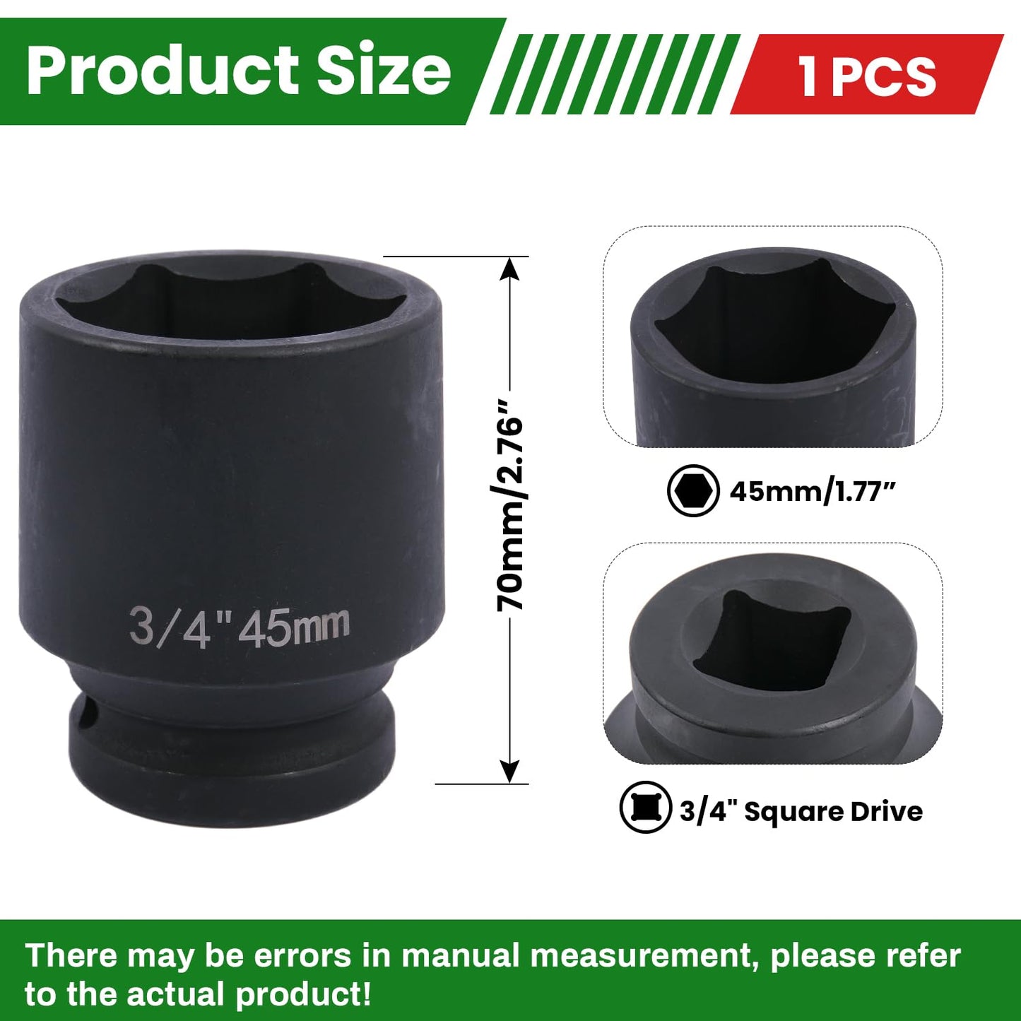 Uxney 3/4" Drive 45mm Impact Socket，6-Point Standard Impact Sockets Made with Chrome Molybdenum Alloy Steel, Metric