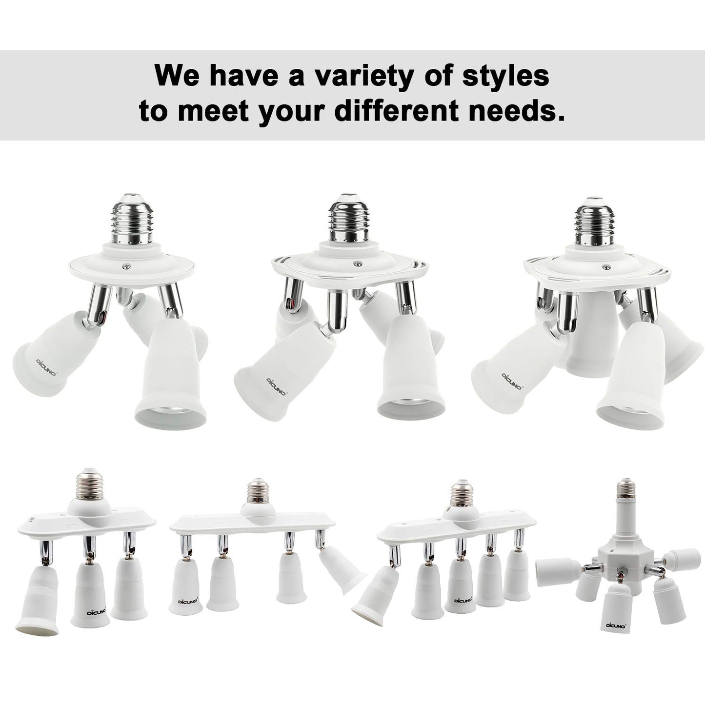 DiCUNO 5 in 1 E26/E27 Socket Adapter, 5 Way Splitter E26/E27 Standard LED Bulbs Holder, Converter Chandelier Socket with 360 Degrees Adjustable 180 Degree Bending, Max Wattage 300W