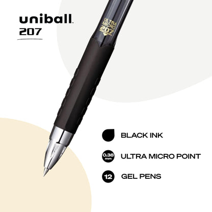 uni-ball Signo 207 Retractable Gel Pens, Ultra-Micro Point, Black Ink, 12 Count (Pack of 1) (1790922) , Packaging may vary
