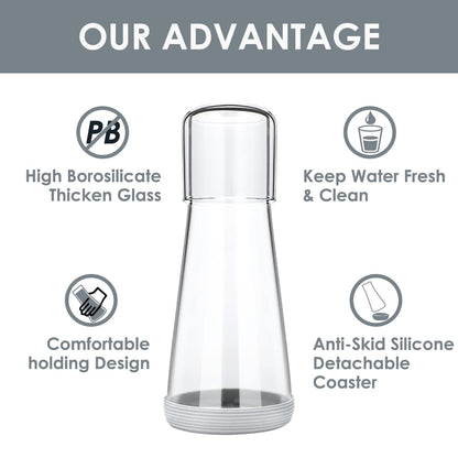 Quyimy Bedside Water Carafe with Glass,Water Carafe Set with Lid Tumbler Glass for Nightstand Bedroom Bath,Night Clear Carafe with Cup & Grey Silicone Coaster Set for Mouthwash,Water,30 oz/850ml
